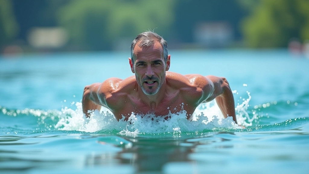 Swimmer performing freestyle stroke in outdoor open water swimming location