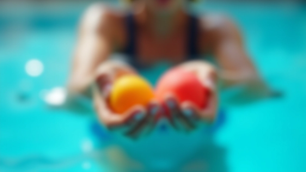 Close-up view of adult hands holding aquatic resistance noodle during water aerobics exercise in pool