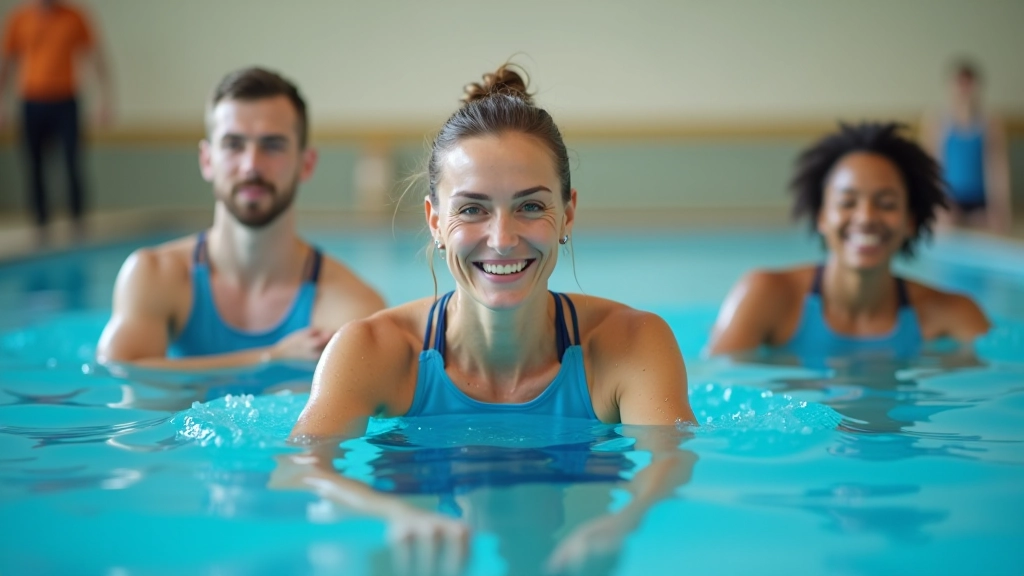 Physical therapist conducting pool-based rehabilitation session with mature adult patient