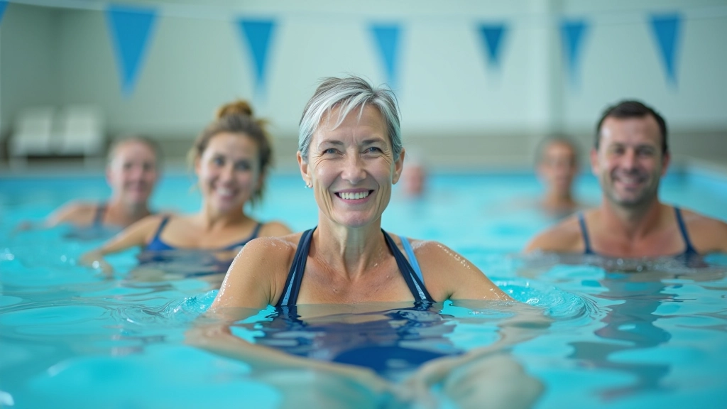 Group of diverse adults in pool performing synchronized water aerobics movements during class with instructor guidance