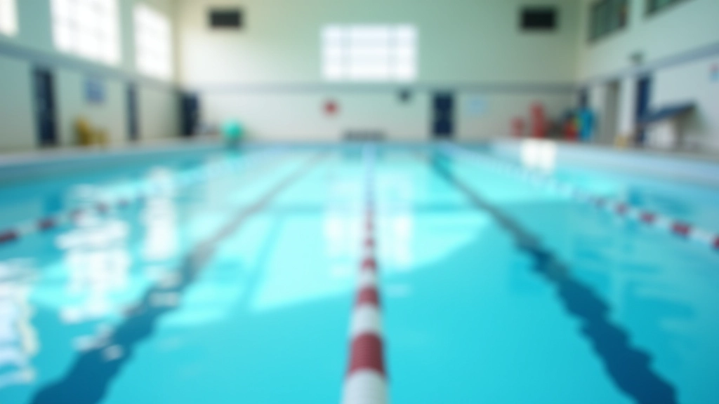 Bright indoor swimming pool facility with lap lanes and visible class area during daytime with natural lighting