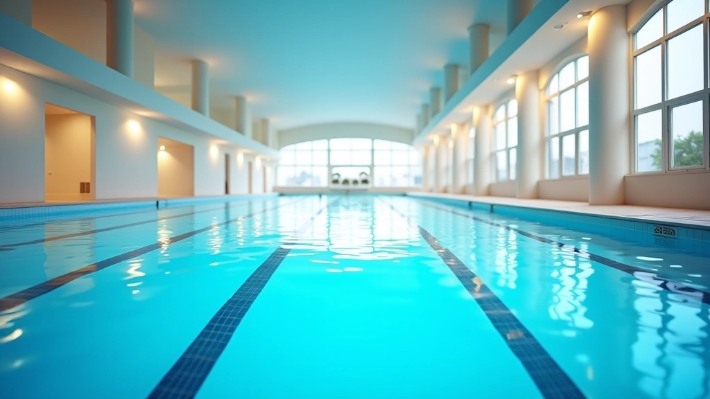 Adults swimming together in a bright indoor pool facility with modern architecture