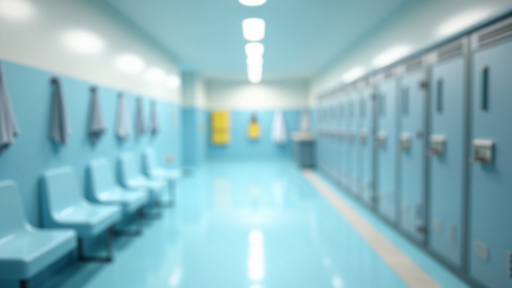 Organized changing room and locker area in modern swimming pool facility with benches and storage lockers
