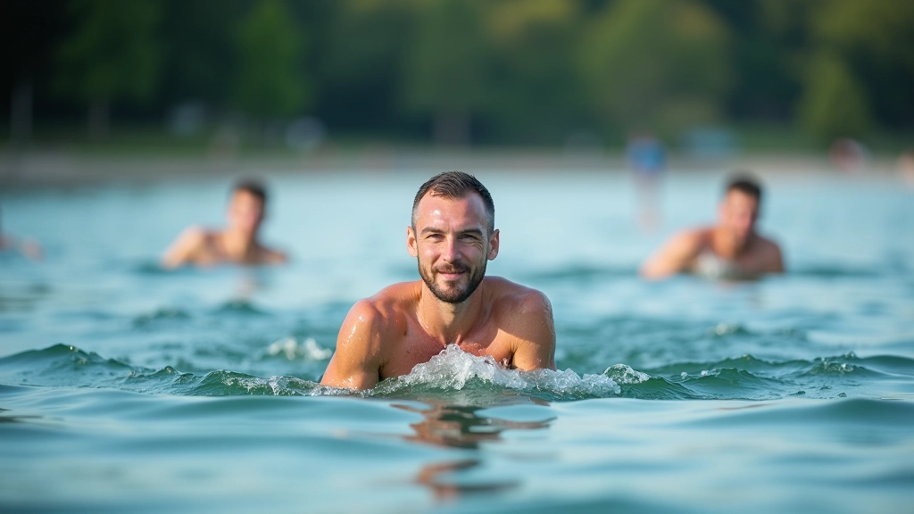 Outdoor lake or ocean open water swimming location with swimmers in wetsuit or regular swimwear