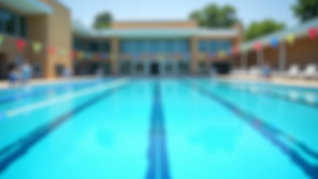 Outdoor public pool facility with multiple lanes and community swimmers visible