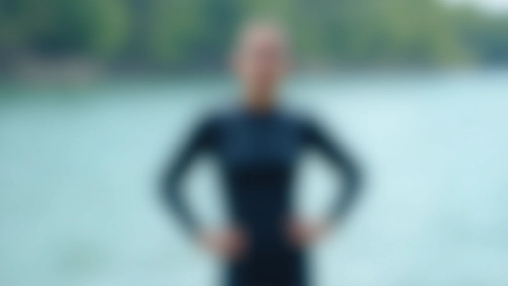 Swimmer in wetsuit preparing to enter open water at a calm lake location