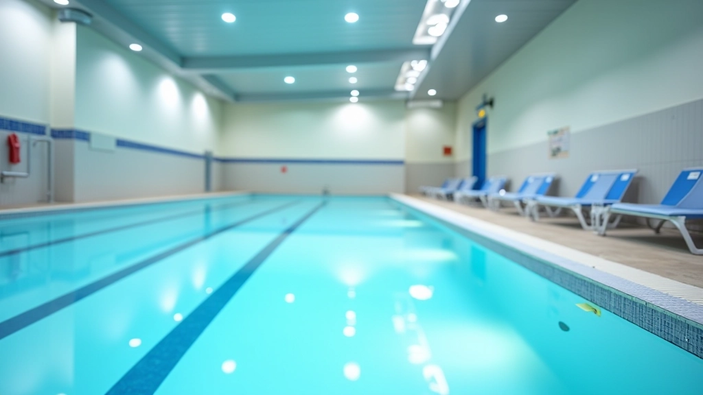 Organized pool facility changing area and deck area ready for lap swimmers