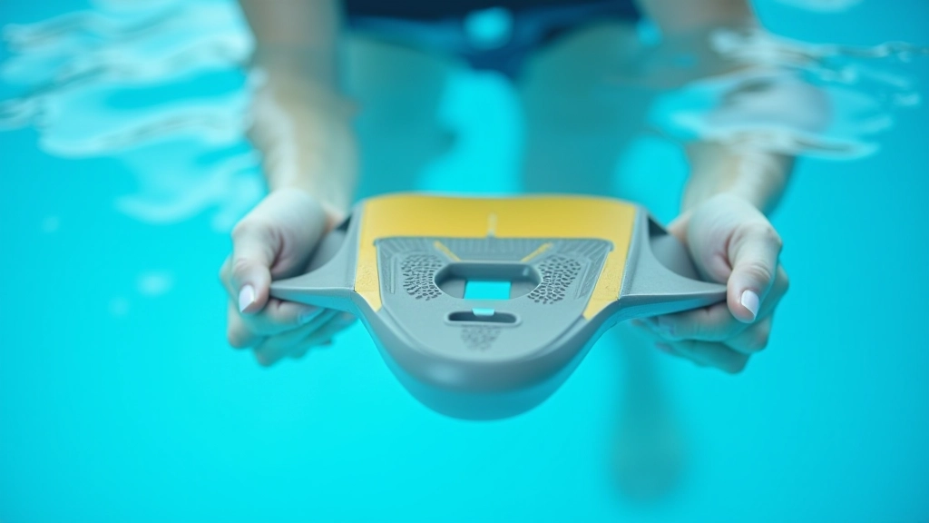 Close-up of hands holding a kickboard in clear blue pool water during a swimming session